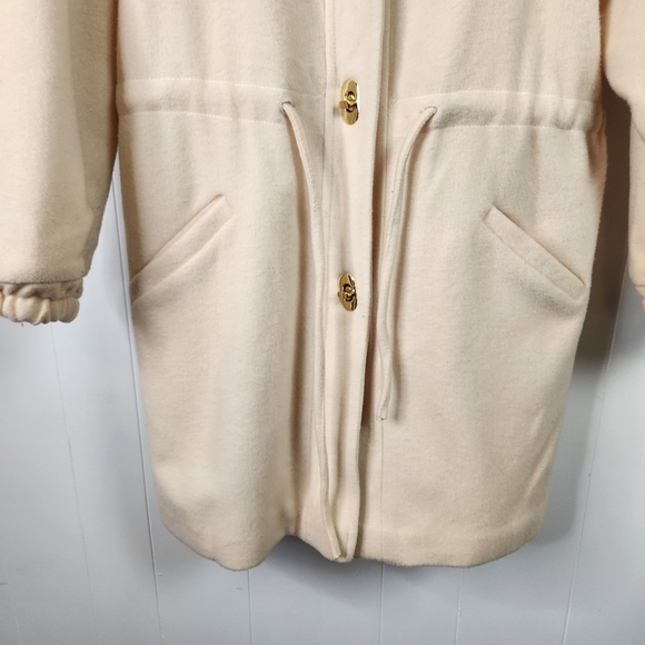 Vintage Cream White Wool Coat Jacket Fuzzy Collar Pockets Hood Lined 1990s 90s - Picture 2 of 13